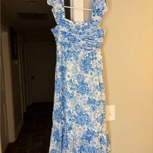 Altar'd State Blue and White Ruched Maxi Sundress